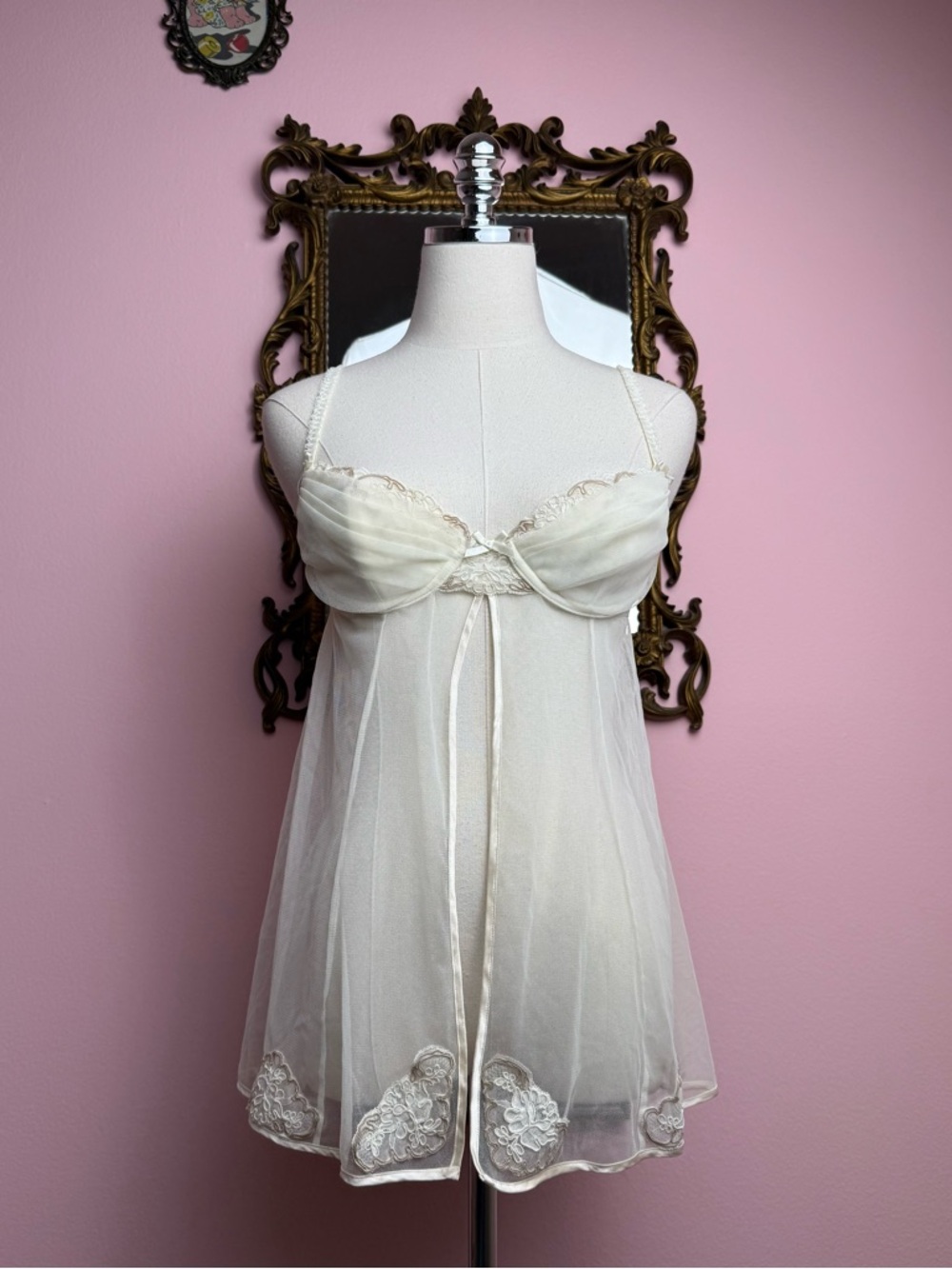 Victoria's Secret Babydoll y2k Cream Micro Mesh Nightie 34B